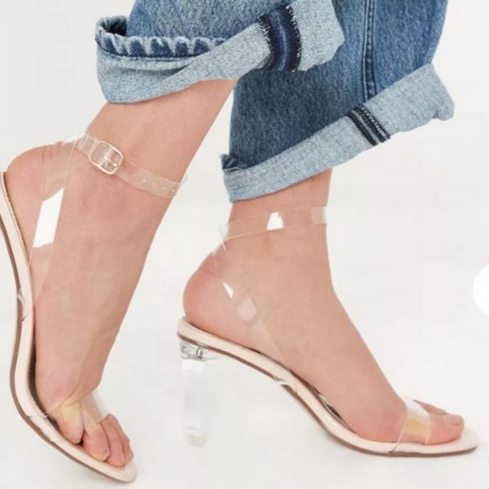 NWOT Misguided Clear Mid Illusion Heel Perspex Sandal, Size 10, Clear/Cr…